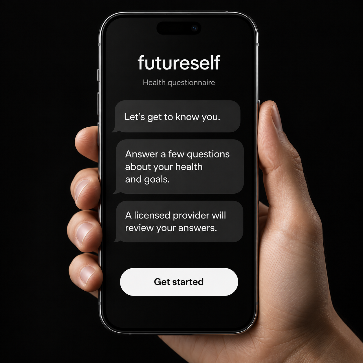 Phone showing a futureself health questionnaire in a messaging-style interface