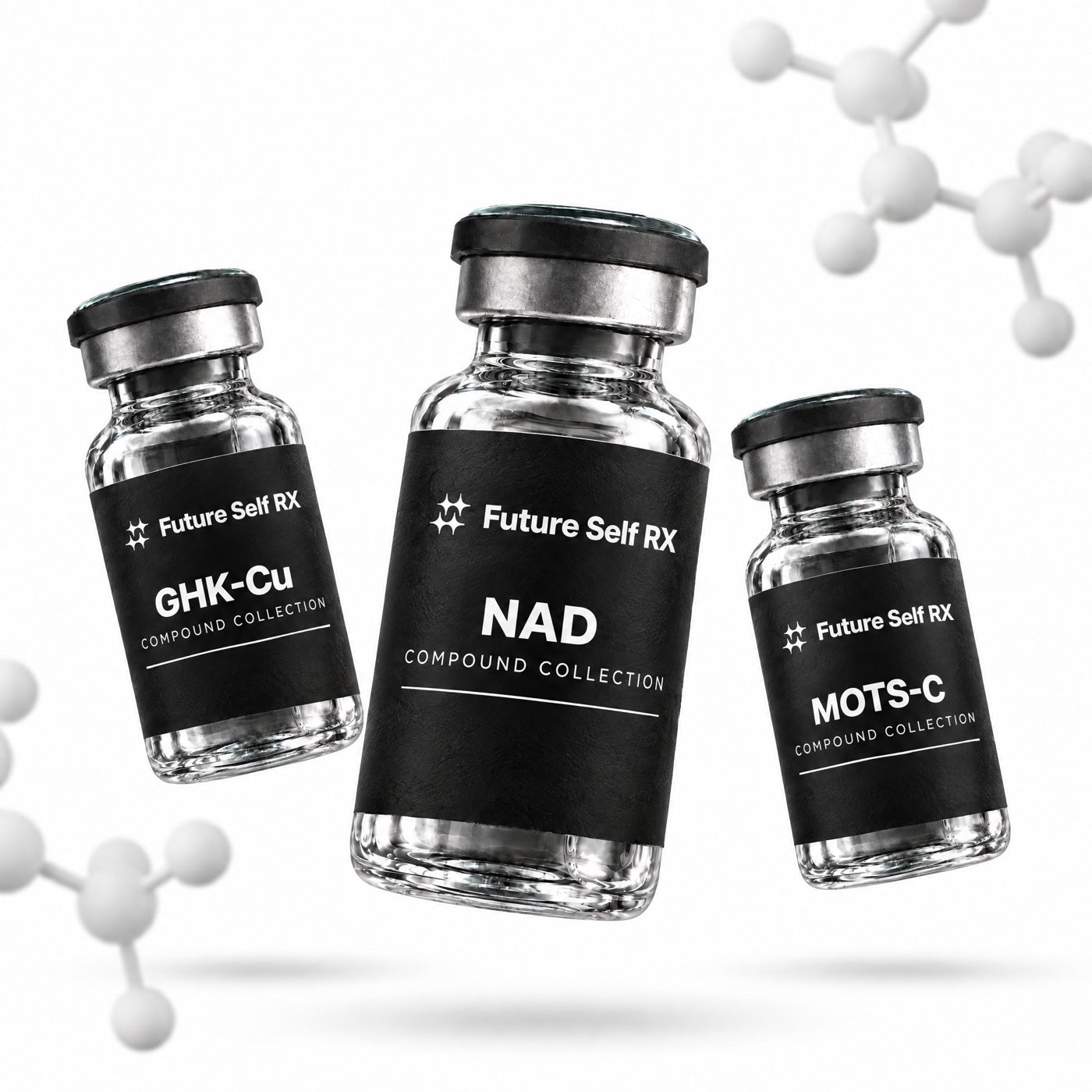 FutureSelf RX compound collection — GHK-Cu, NAD+ and MOTS-C packaging concepts