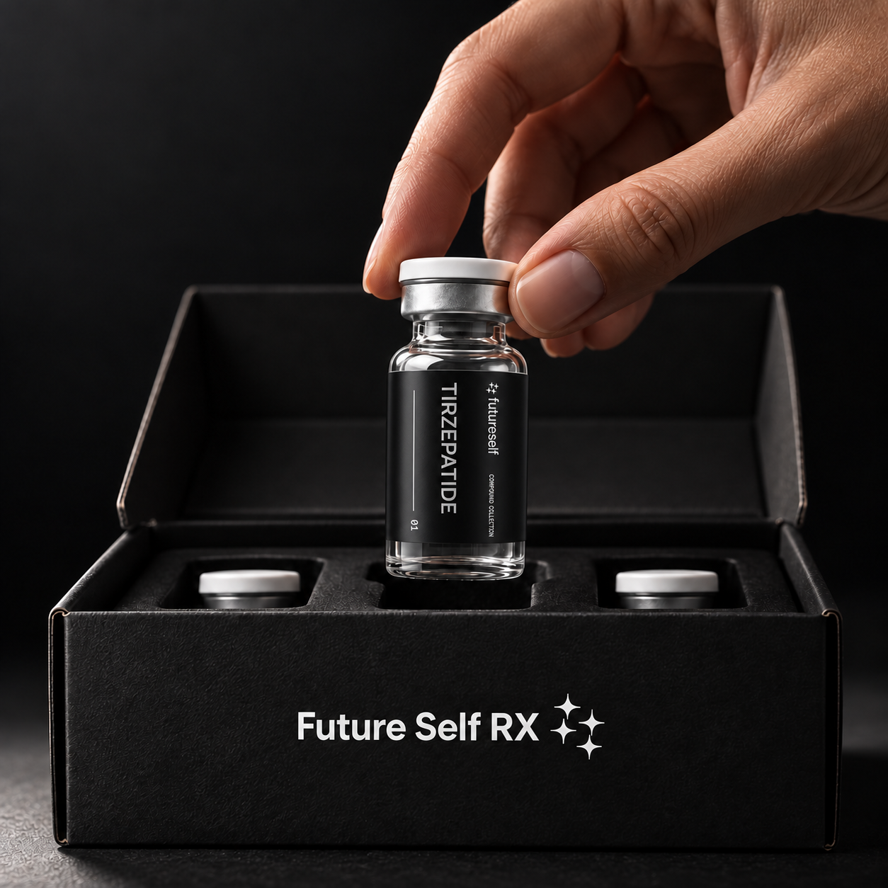 A futureself vial lifted from its box