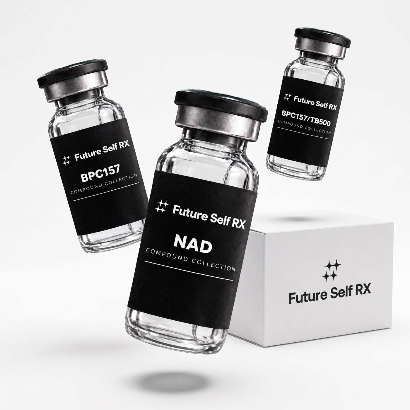 FutureSelf RX compound collection — BPC-157, NAD+ and BPC-157/TB-500 packaging concepts