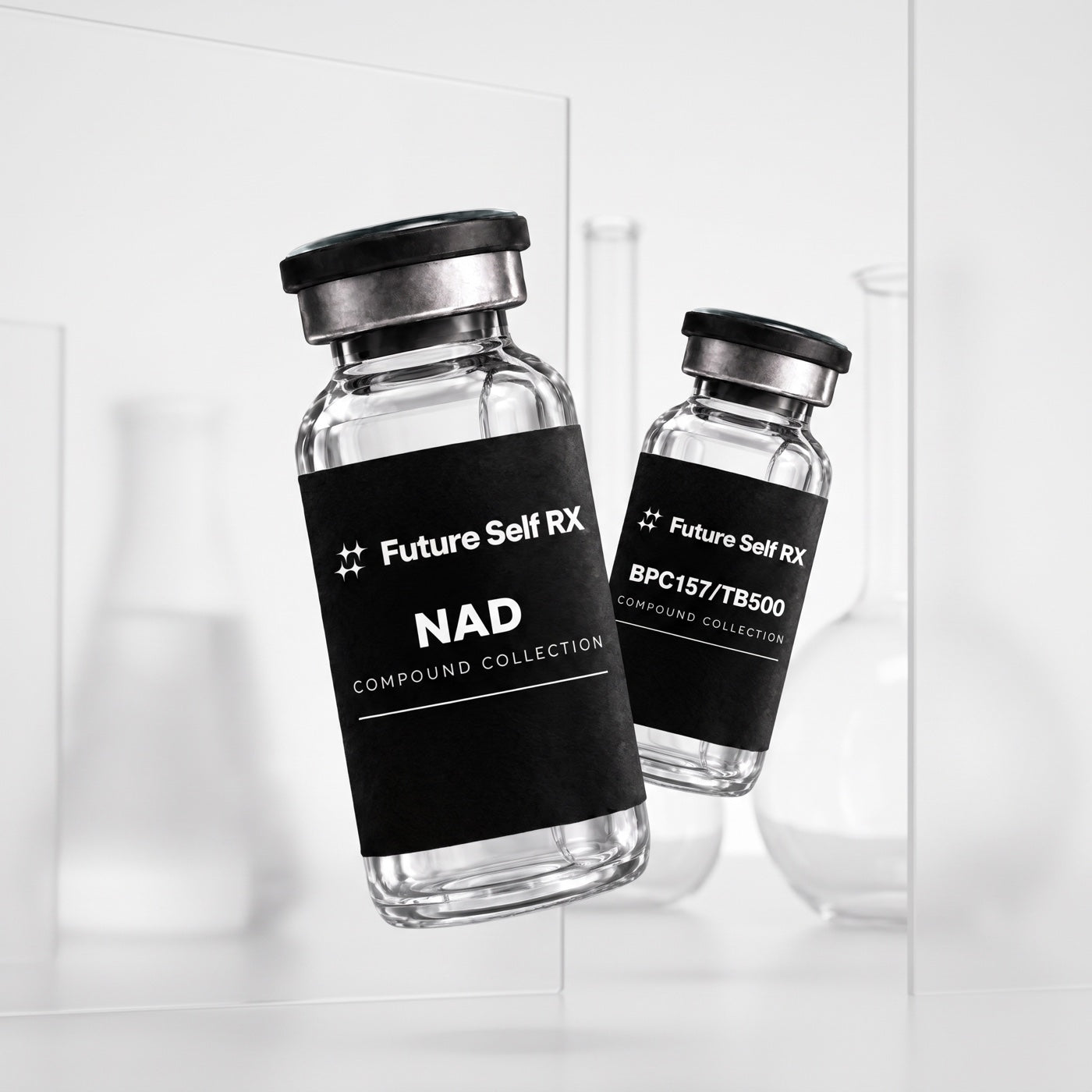 FutureSelf RX compound collection — NAD+ and BPC-157/TB-500 packaging concepts