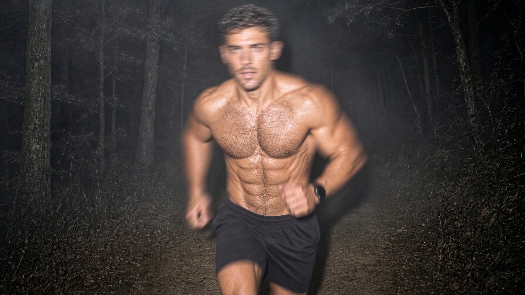 Man running on a forest trail at night